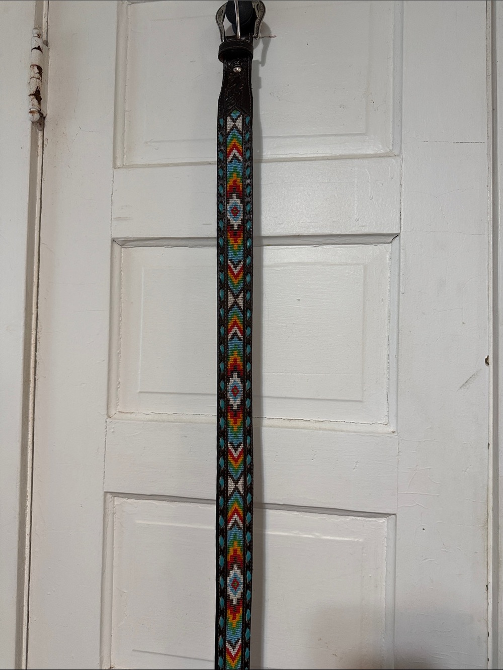 Nocona Turquoise Red Orange Patterned Leather Belt